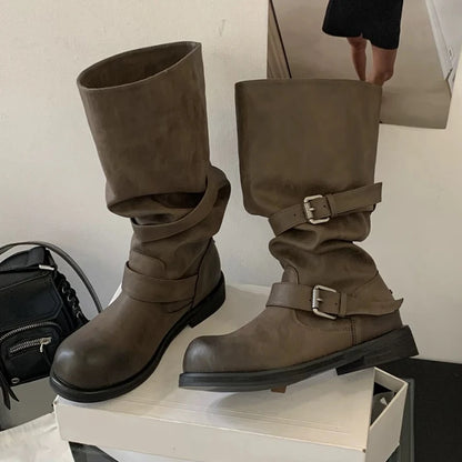 Women's Long Boots Fashion Dress Flats Shoes for Woman Designer Winter Motorcycle Boots 2025 Goth Chelsea Botas De Mujer Shoes