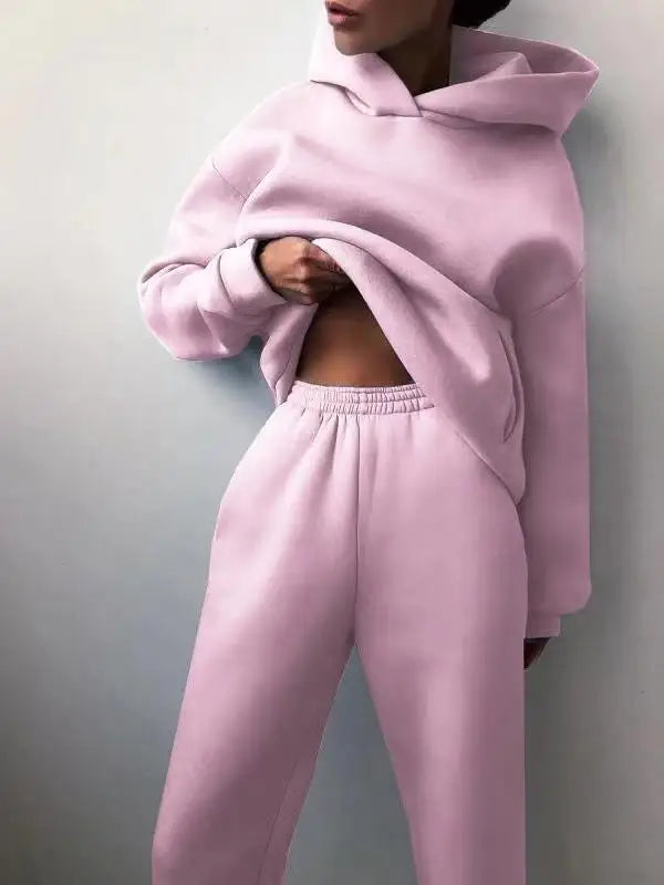 Two Piece Pant Sets Women Solid Thick Sweatshirts Hooded Full Sleeve Elastic Waist Spliced Long Pants Pockets Casual Suits