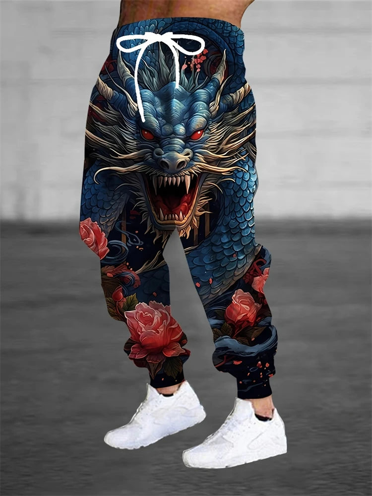 New Men's 3D Dragon Print Jogging Drawstring Pocket Casual Sportswear Pants Fashionable Men's Loose And Elastic Casual Pants