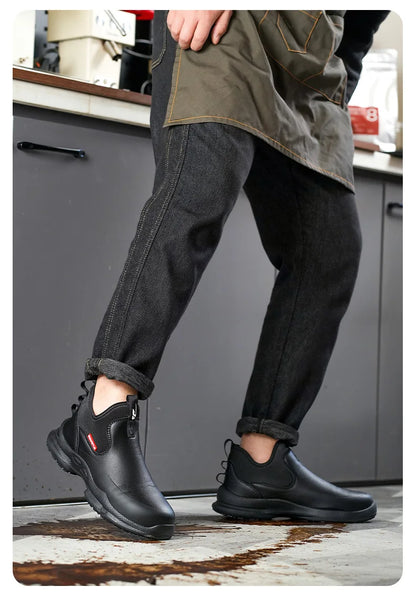 Fashionable men's leather shoes Waterproof and anti slip chef shoes Wear resistant men's casual shoes oil resistance Chef's boot