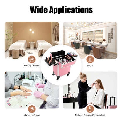 Rolling Makeup Train Case,Cosmetic Trolley with Keys,Hairdressing Travel Case,Large Capacity Trolley Makeup Box,Pink/Black