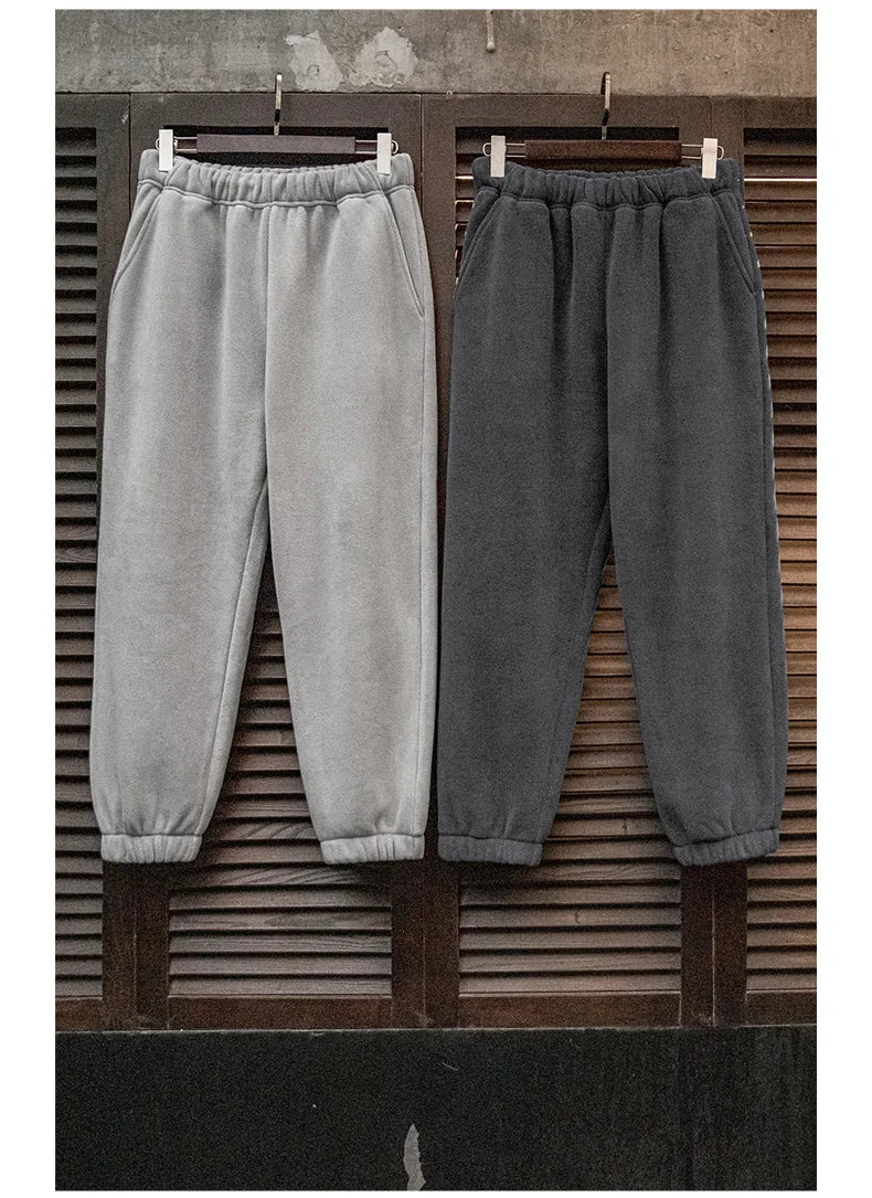 Maden Men's Casual Solid Color Polar Fleece Cuffed Sweatpants Elastic Waist Fleece-lined Pants Warm Sports Straight-leg Trousers