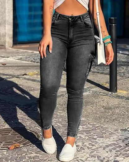 Women's Denim Pants 2025 Summer New Fashion Solid Color Buttoned Pocket Zipper Design High Waist Casual Daily Skinny Jeans