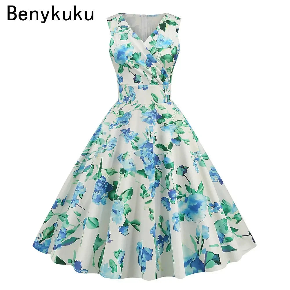 Floral Print 1950s 60s Vintage Women Dress Elegant Summer Robe Ladies Sleeveless V Neck A Line Swing Rockabilly Dresses 2025