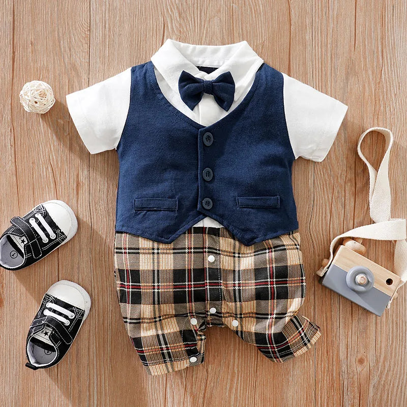 Newborn baby summer gentleman's short-sleeved cotton soft and comfortable one-piece suit Newborn baby summer gentleman's short-s