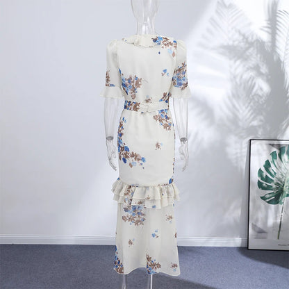 Sexy Print Women Long Dress Urban V-neck Single Breasted Ruffles Half Sleeve Female Dresses 2026 Spring Autumn Lady Robe