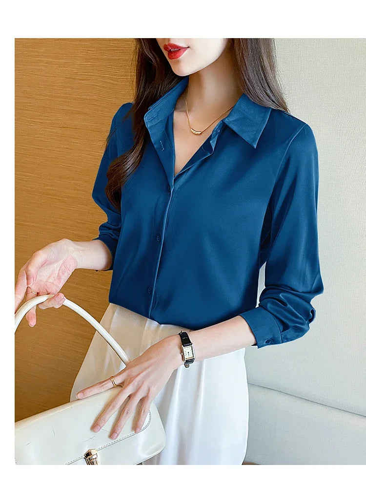 Fashion elegant satin shirts solid color ladies shirts causal Women's Blouses Spring Long Sleeve Shirts Tops Blusas Mujer