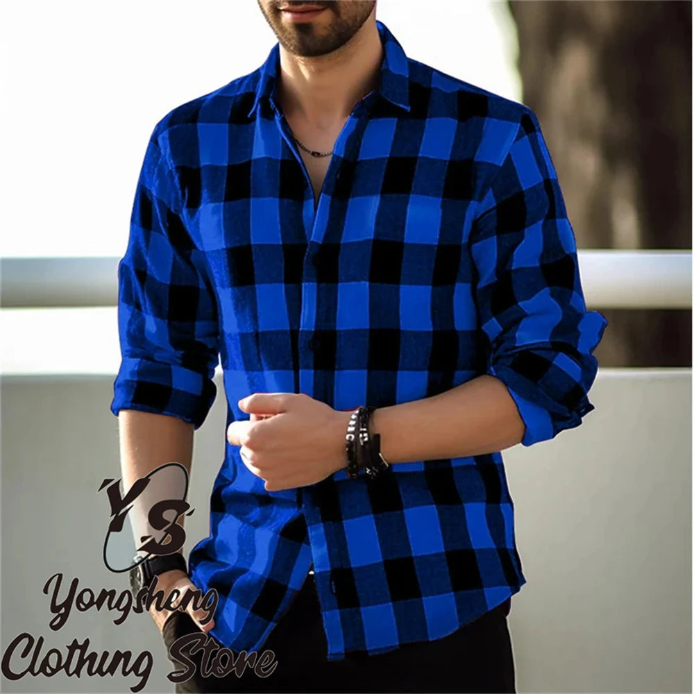 Men's long-sleeved shirt printed shirt plaid casual comfortable handsome commuter large size men's clothing XS-6XL