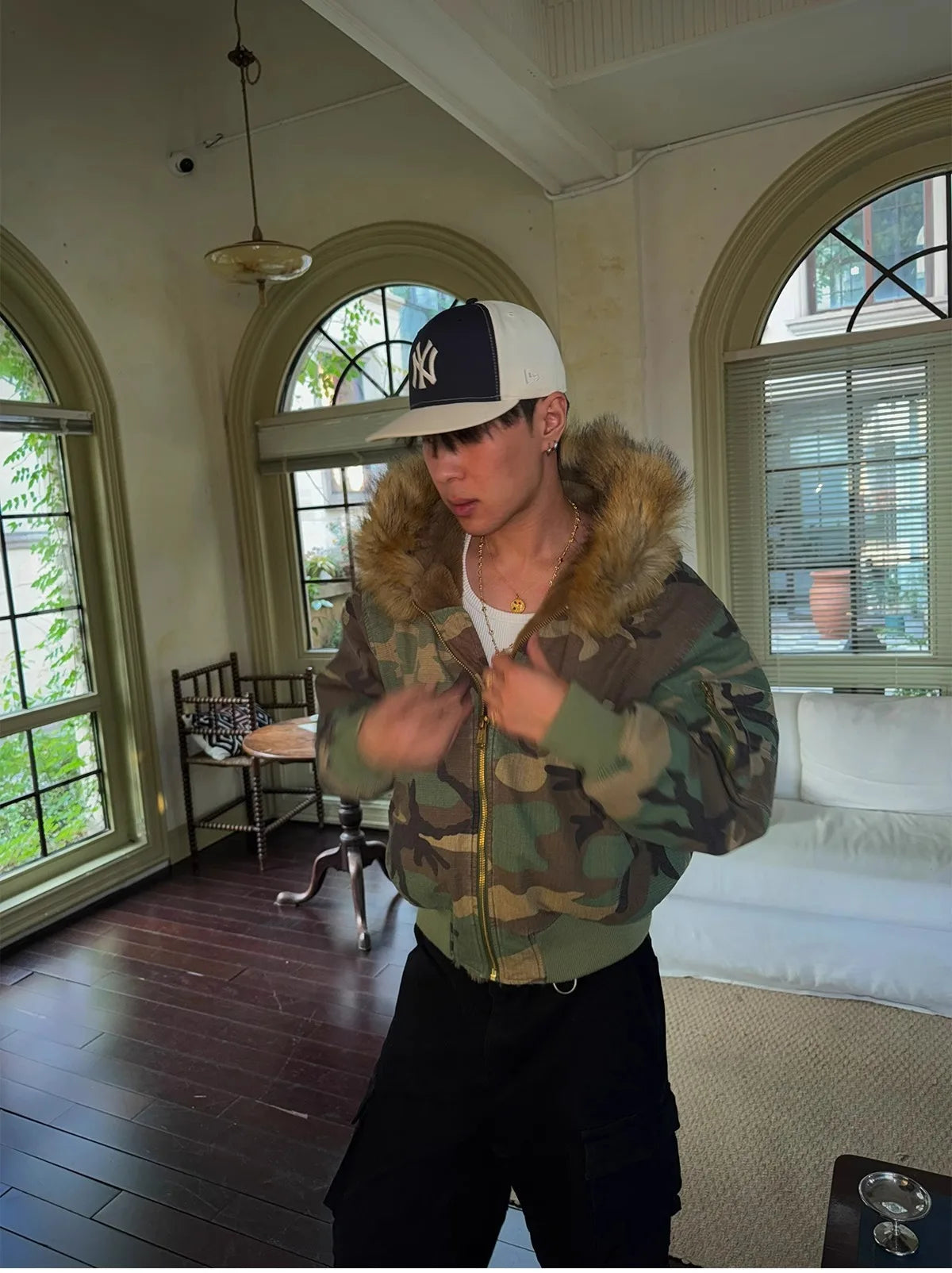 PFHQ Hooded Collar Camouflage Men's Cotton Jacket American Style Reversible Thickened Faux Rabbit Fur Coats Winter New 21P1794