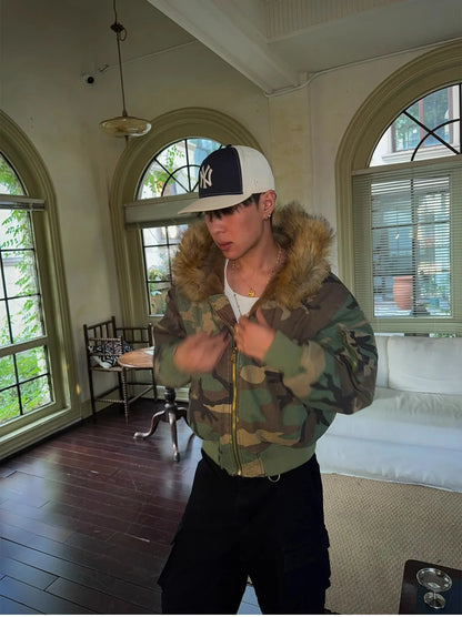 PFHQ Hooded Collar Camouflage Men's Cotton Jacket American Style Reversible Thickened Faux Rabbit Fur Coats Winter New 21P1794