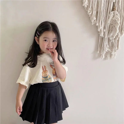 Summer Toddler Baby Girl Solid Cotton Clothes Short Sleeve Cartoon Rabbit Printed T-shirts Kids Leisure Ins Tops Tees