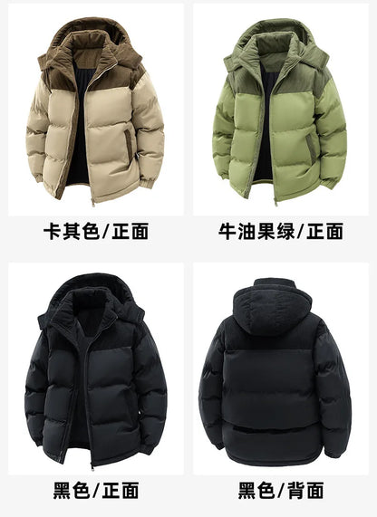 Men's New Winter Cotton Jacket: Fleece-Lined, Thickened for Warmth, with Removable Hood and Stand-Up Collar for Cold Resistance