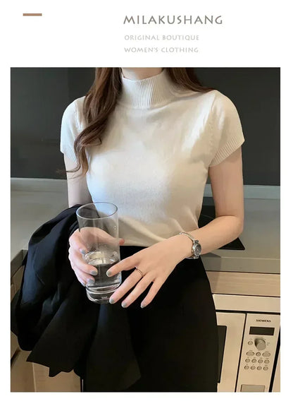 2024 Blusas Mujer De Moda Spring Summer New Solid Slim Turtleneck Blouse Women Clothing Korean Knitted Women Casual