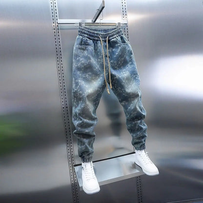 Trendy Men's Spring and Summer New Jeans Light Blue Heavy Industry Jacquard Leggings Thin Designer Luxury Elastic Waist Pants