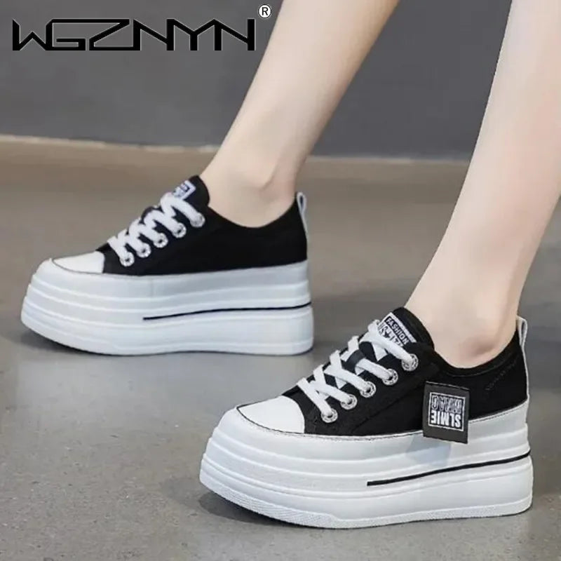 Vulcanized Platform Sneakers Wedge Shoes Non-slip Casual Shoes Women 2025 Autumn Lace-up Comfort Denim Canvas Shoes Thick Sole
