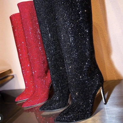 Women Rhinestone Knee High Boots Sexy Lady Pinted Toe Thin Heel Long Boots Woman's Slip-On High Heels Botas Mujer Invierno 2025