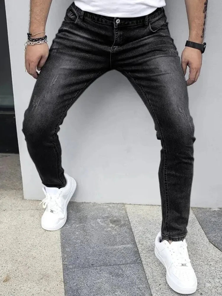 Autumn New Men's Stretch Jeans European American Fashion Casual Vintage Washing Feet Elasticity Denim Trousers Male