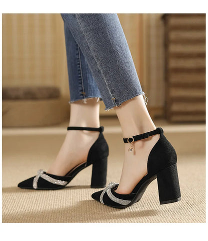 Size 30-44 Chunky Heel Hollow Point Toe High Heels Women Shoes Solid Color Ankle Strap Rhinestone Black Heels