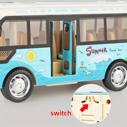 City Bus Toys Cars Die-Cast Plastic Airport Cars For Boys Girls, Pull Back Play Vehicle With Sound, Light Up & Open-able Doors