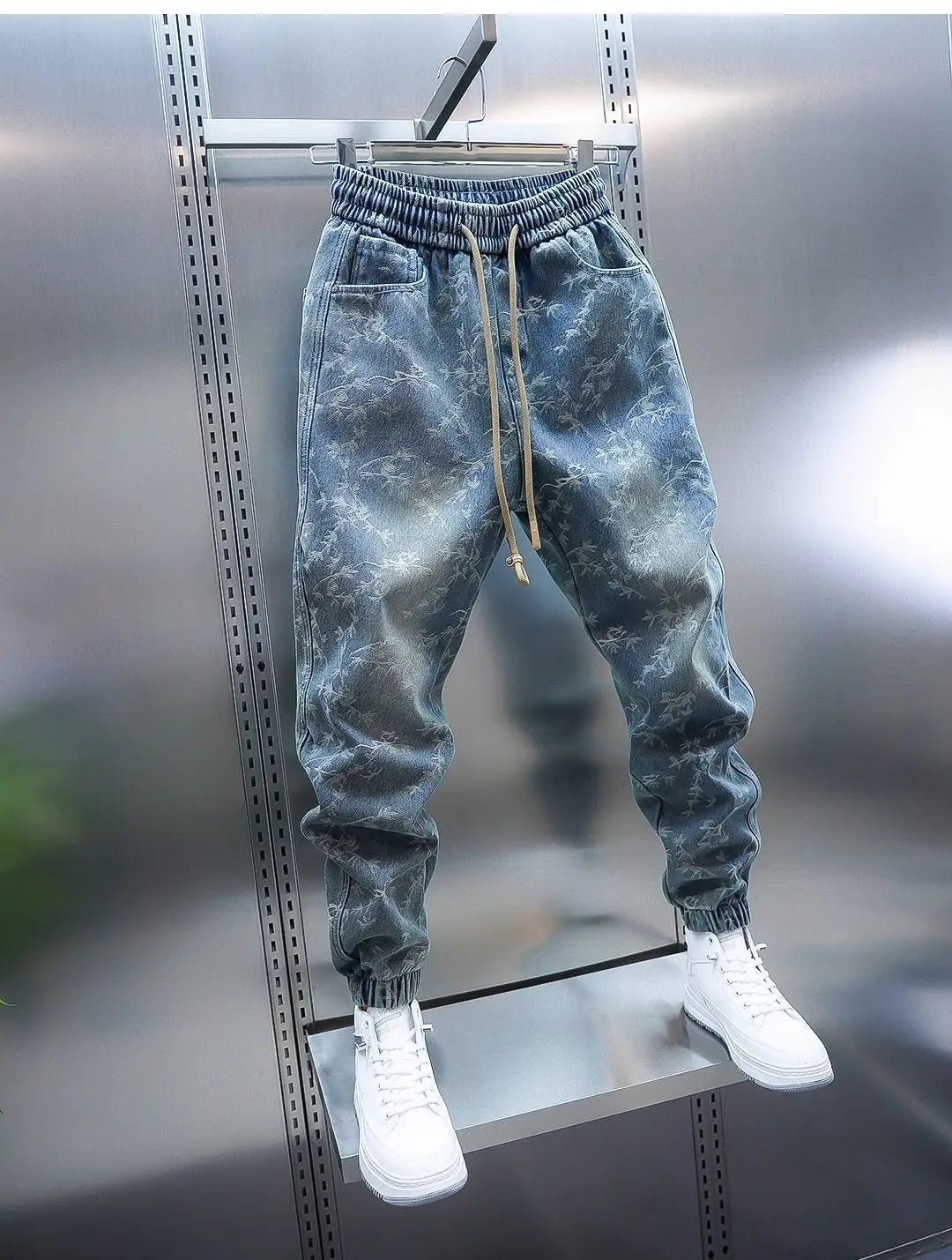 Trendy Men's Spring and Summer New Jeans Light Blue Heavy Industry Jacquard Leggings Thin Designer Luxury Elastic Waist Pants