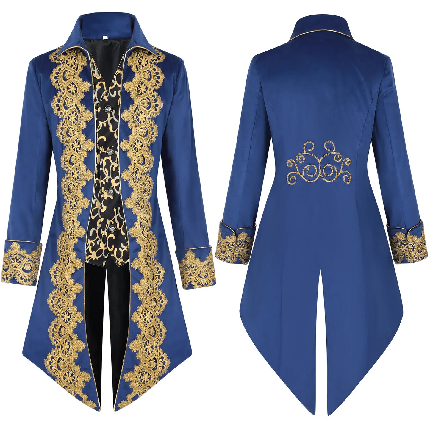 2025 New Blue Lace Tuxedo for Men, Euro- American Medieval Vintage Men's Tailcoat Jacket,medium Length Punk Performance Costume