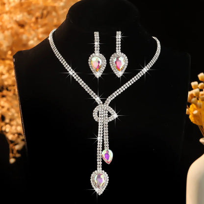 FYUAN Women's Crystal Jewelry Set Sapphire Blue Silver Color Water Drop Necklace Earrings Wedding Party Festival Wear