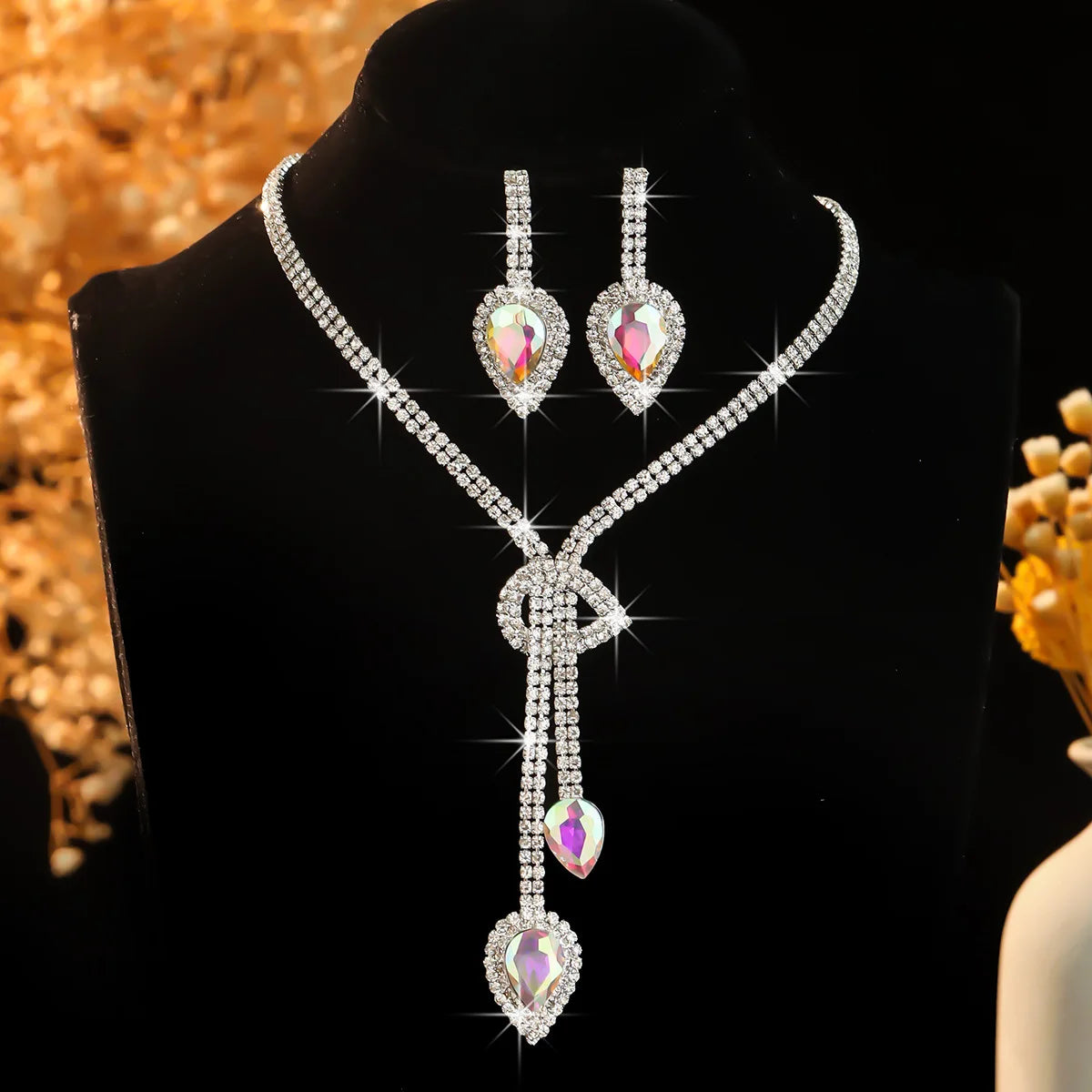 FYUAN Women's Crystal Jewelry Set Sapphire Blue Silver Color Water Drop Necklace Earrings Wedding Party Festival Wear