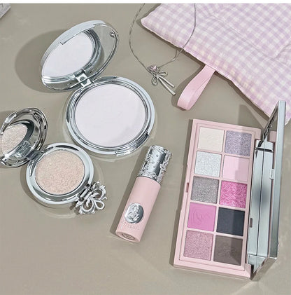 NICEKEY Pink Ballet Makeup Box Include 1*Lip mud,1*Pressed Powder,1*Highlight Powder,1*Eyeshadow Palette Powder With Necklace