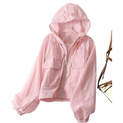 （Summer4）Women Sun Protection Clothing UV Protection Summer Loose Fit Hooded Zippered Thin And Casual