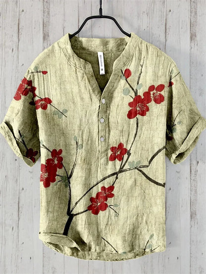 Men's linen short sleeved shirt, summer Chinese retro casual shirt