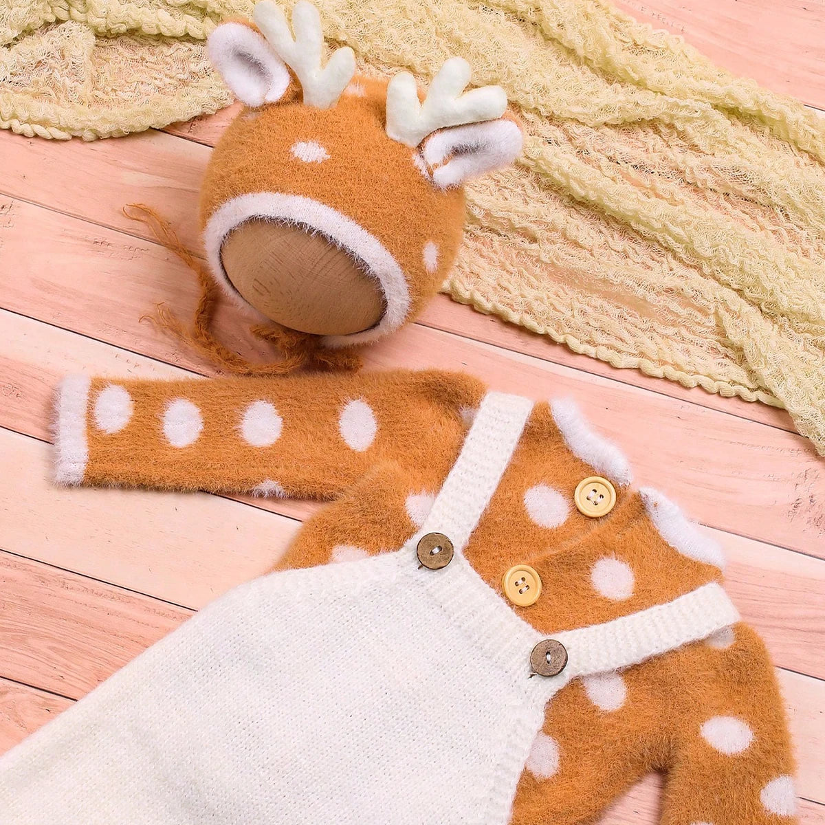 Ylsteed Newborn Baby Outfit for Photo Shooting Knitted Infant Suspender Pants Tops Antler Hat Baby Photography Props