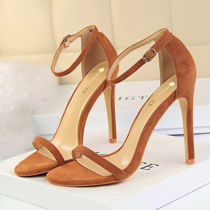 Women 10cm High Heels Flock Stripper Sandals Female Fetish Strappy Red Shoes Lady Valentine Green Summer Classic Sexy Pumps