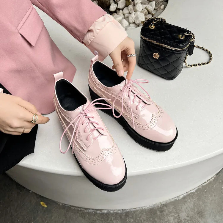 Ochanmeb Big Size 48 Women Patent Leather Brogues High Heels Derby Shoes Platforms Laser Cutout Oxfords Fashion Ladies Pumps Red