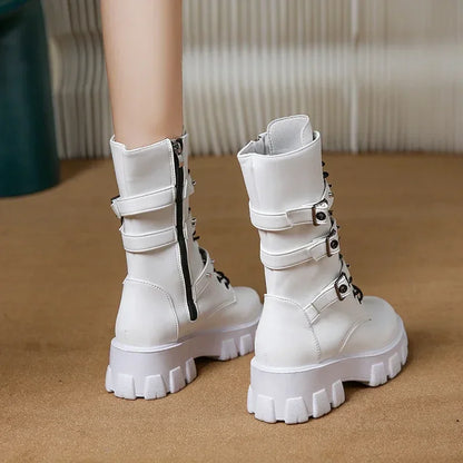 WOMEN BOOTS Goth Boots Woman Winter 2025 Platform Shoes Sneakers Studded Belt Buckle Punk  Chunky Heels Mid Calf Boots