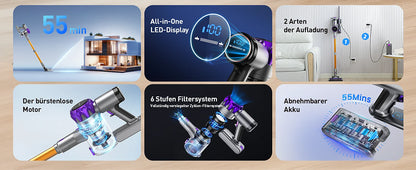 YISORA Cordless Vacuum Cleaner, 40Kpa 55Mins Running Time Wireless Vacuum Cleaner with Touchscreen for Pet Hair, Carpet