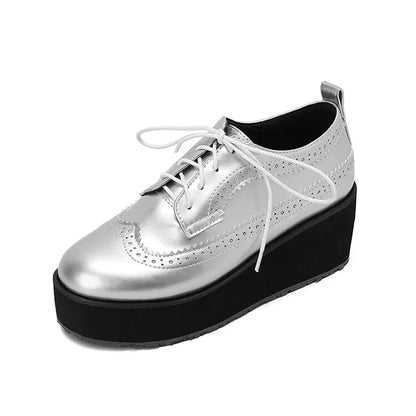 Ochanmeb Big Size 48 Women Patent Leather Brogues High Heels Derby Shoes Platforms Laser Cutout Oxfords Fashion Ladies Pumps Red