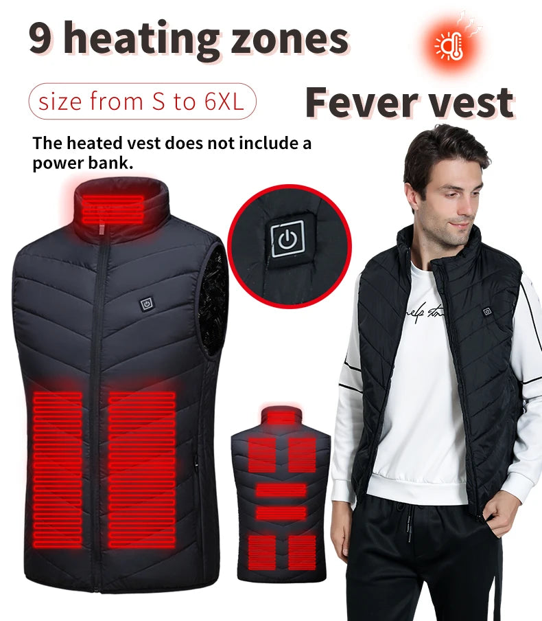 Winter Men's 9-Zone Heated Vest for Cold Protection Electric Heated Vest with Heating Cotton Lining【Power supply not included】