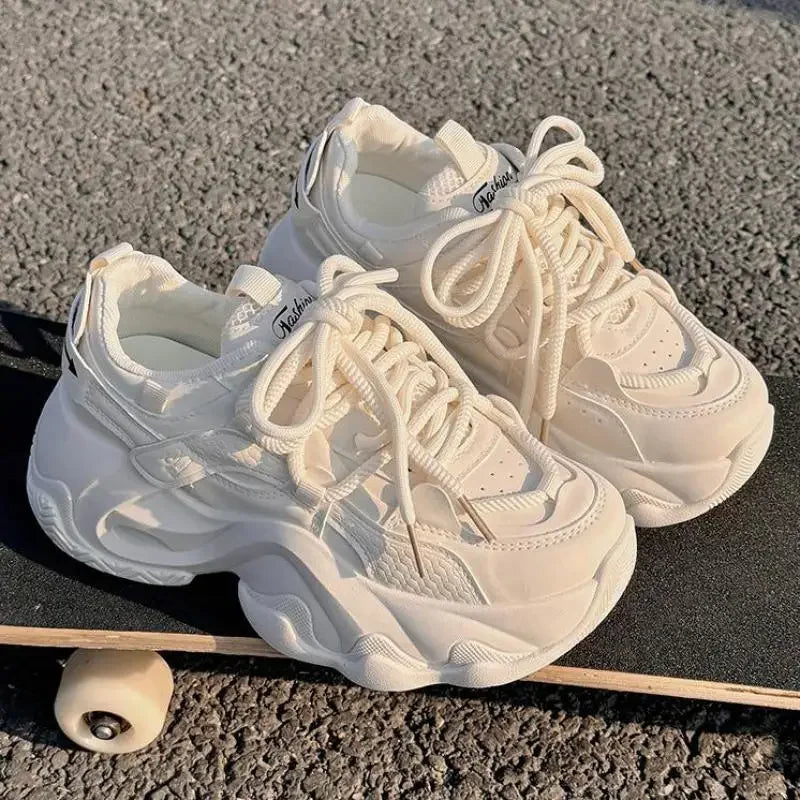 High Platform Sneakers Women Leather Dad Shoes Women Black Chunky Sneakers Thick Sole Shoes 2025 Fashion Height Increasing Shoes