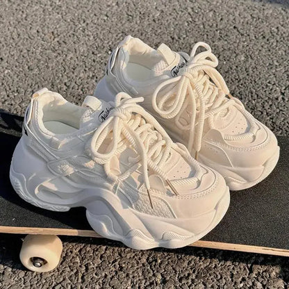 High Platform Sneakers Women Leather Dad Shoes Women Black Chunky Sneakers Thick Sole Shoes 2025 Fashion Height Increasing Shoes