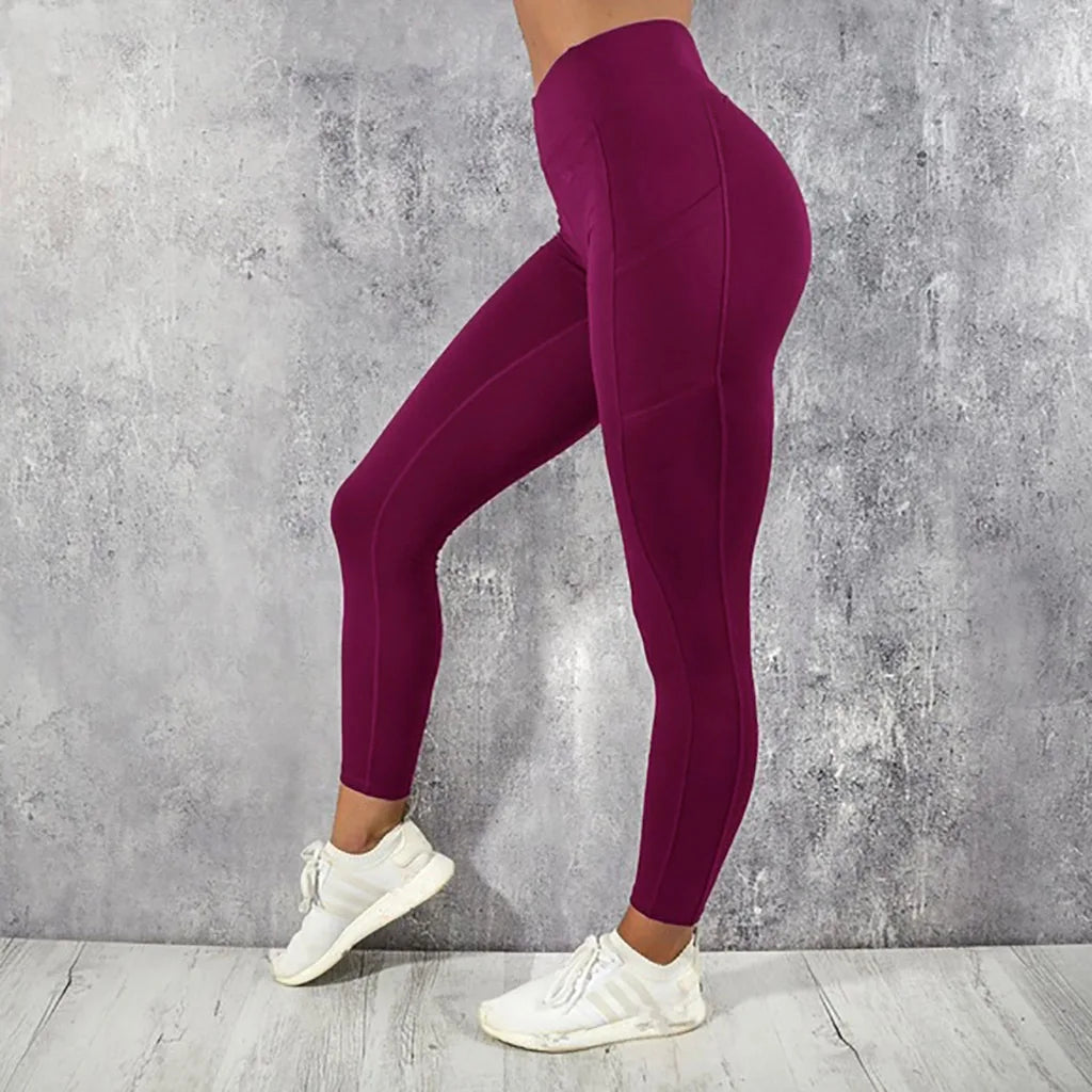 2025 Women's Pants Fashion Solid Color Yoga Running Sports Fitness Pants Side Phone Pockets High Elasticity Sports Yoga Pants