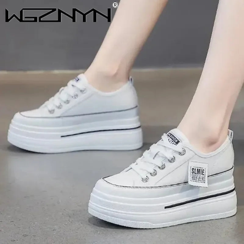 Vulcanized Platform Sneakers Wedge Shoes Non-slip Casual Shoes Women 2025 Autumn Lace-up Comfort Denim Canvas Shoes Thick Sole