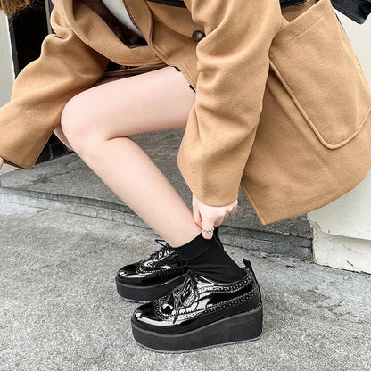 Ochanmeb Big Size 48 Women Patent Leather Brogues High Heels Derby Shoes Platforms Laser Cutout Oxfords Fashion Ladies Pumps Red