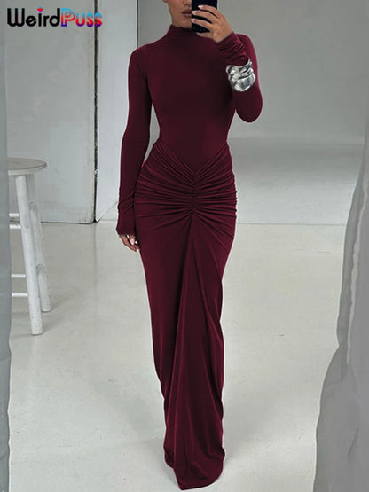 Weird Puss Hipster Ruched Dress Women O-Neck Full Sleeve Skinny Stretch Robe Autumn Trend Simple Classic Pleats Long Bodycon