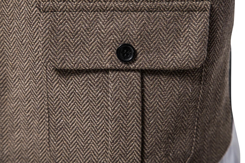 New Men's Retro Lapel Vest Herringbone Coarse Tweed Pockets Suit Vest British Casual Vintage Gentleman Leisure Party Bar Banquet