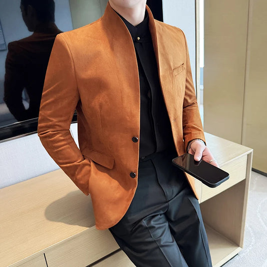 New Blazer Cowhide Velvet Korean Version Business Slim Fit Suit Stand Collar Fashionable Casual Suit Jacket Men Formal Clothing