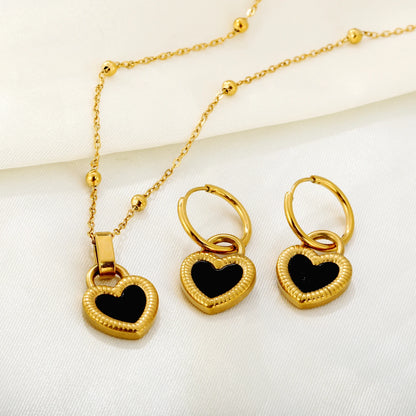 ASONSTEEL Black Shell Heart Necklace Earrings Jewelry Sets Stainless Steel Fashion Exquisite Waterproof Women Anniversary Gift