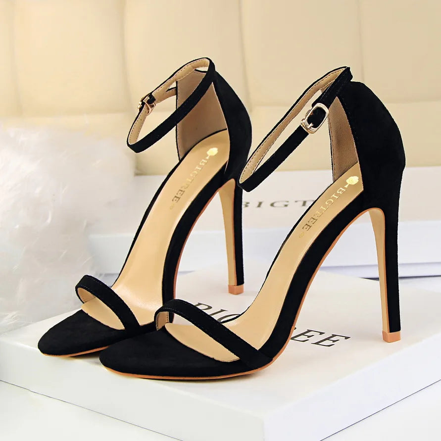 Women 10cm High Heels Flock Stripper Sandals Female Fetish Strappy Red Shoes Lady Valentine Green Summer Classic Sexy Pumps