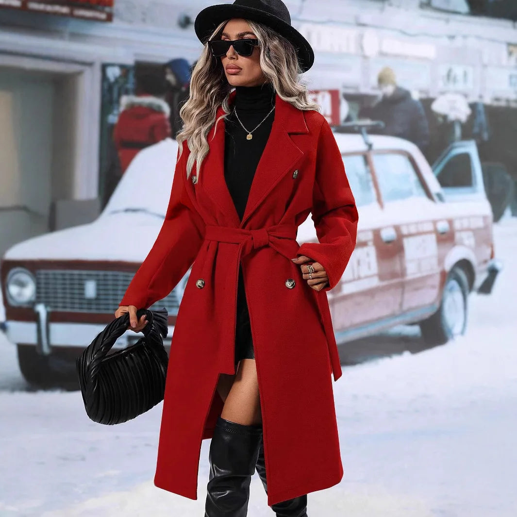 Women Turn Down Collar Thick Midi Length Wool Coat Pockets Casual Full Sleeve Double Breasted Blends Coats 2025 Autumn Winter