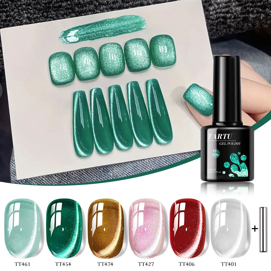 TARTU 6pcs 8ml Nude Pink Red Blue Green Brown Black Cat Eye Nail Gel Set, 6 Colors Semi-permanent Gel Polish Kit, Soak Off Uñas