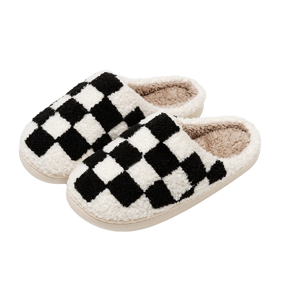 Slippers Classic Checkerboard Embroidered Pattern Women's Winter Indoor Soft Sole Warm Comfy Leisure Bedroom Fuzzy Home Shoes